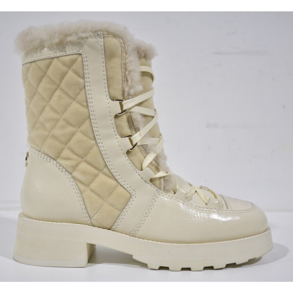 Chanel 21K Ivory Velvet Shearling Fur Brave CC Lace Up Tie Ankle Tall Boots 36